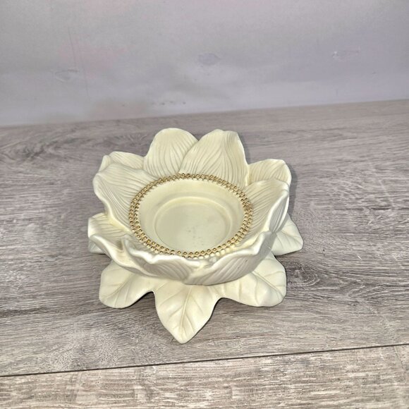 PartyLite Porcelain Magnolia Lotus Flower Blossom Pillar Candle Holder Gold Bead - Picture 2 of 8